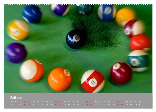 Produktbild: Freizeit Billard - Queue, Kugeln, Kreide und Tisch (hochwertiger Premium Wandkalender 2026 DIN A2 quer), Kunstdruck in Hochglanz