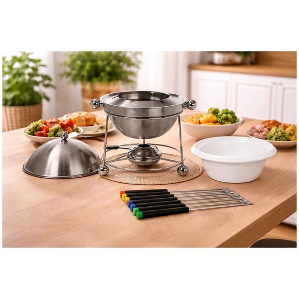 Produktbild: neuetischkultur Fondue Set Edelstahl mit Keramikschale St&ouml;vchen und Gabeln