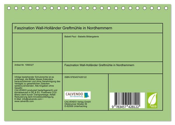 Produktbild: Faszination Wall-Holl&auml;nder Greftm&uuml;hle in Nordhemmern (Tischkalender 2026 DIN A5 quer), CALVENDO Monatskalender