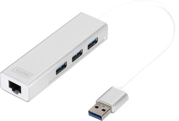 Digitus DA-70250-1 3+1 Port USB 3.0-Hub mit eingebautem Netzwerk-Anschluss Silber