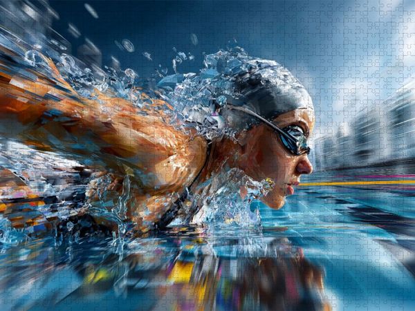 Produktbild: CALVENDO Puzzle Schwimmerin in Bewegung im Wettkampf. Ausdrucksstarkes Sportmotiv im k&uuml;nstlerischen Stil | 1000 Teile Lege-Gr&ouml;&szlig;e 64x48cm Foto-Puzzle f