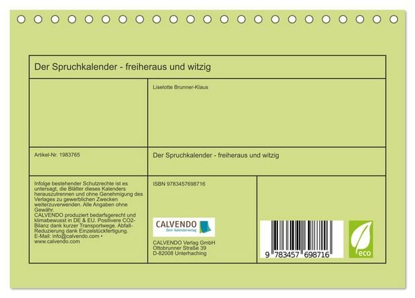 Produktbild: Der Spruchkalender - freiheraus und witzig (Tischkalender 2026 DIN A5 quer), CALVENDO Monatskalender