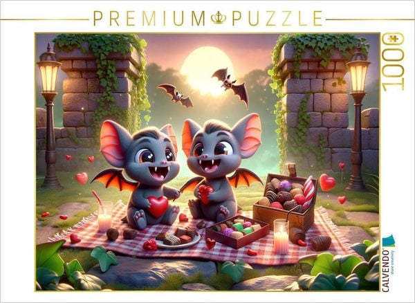 CALVENDO Puzzle Valentinstagspicknick der kleinen Vampirfledermäuse | 1000 Teile Lege-Größe 64x48cm Foto-Puzzle für glückliche Stunden