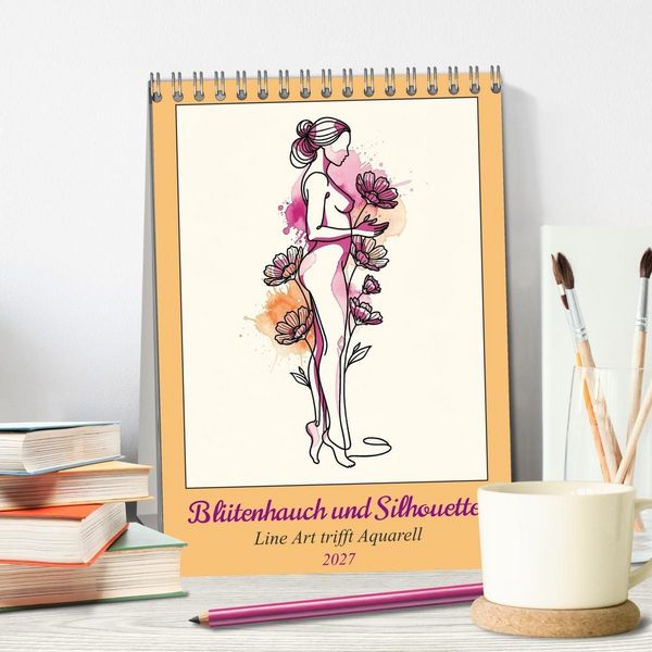Produktbild: Bl&uuml;tenhauch und Silhouette - Line Art trifft Aquarell (Tischkalender 2027 DIN A5 hoch), CALVENDO Monatskalender