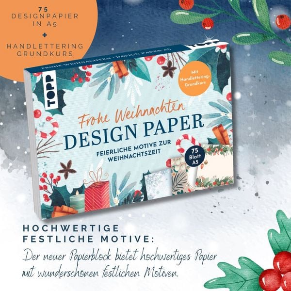 Produktbild: Design Paper A5 Frohe Weihnachten. Mit Handlettering-Grundkurs