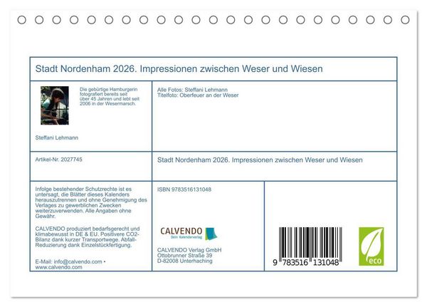 Produktbild: Stadt Nordenham 2026. Impressionen zwischen Weser und Wiesen (Tischkalender 2026 DIN A5 quer), CALVENDO Monatskalender