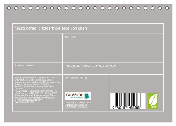 Produktbild: neunziggrad photoart: die erde von oben (Tischkalender 2026 DIN A5 quer), CALVENDO Monatskalender