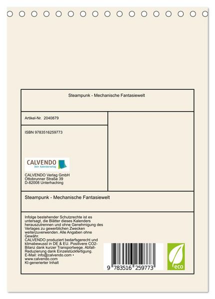 Produktbild: Steampunk - Mechanische Fantasiewelt (Tischkalender 2026 DIN A5 hoch), CALVENDO Monatskalender