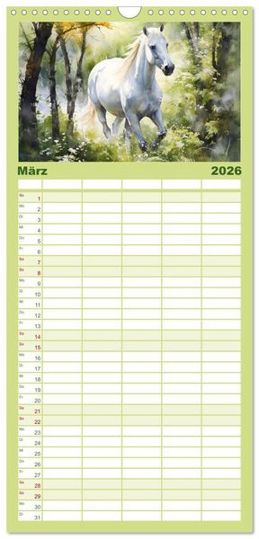 Produktbild: Familienplaner 2026 - Anmutige Schimmel. &Auml;sthetik Aquarell-Pferde mit 5 Spalten (Wandkalender, 21 x 45 cm) CALVENDO