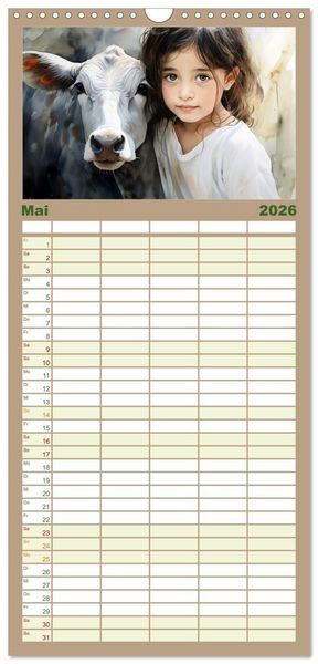 Produktbild: Familienplaner 2026 - Kinder und Tiere mit 5 Spalten (Wandkalender, 21 x 45 cm) CALVENDO