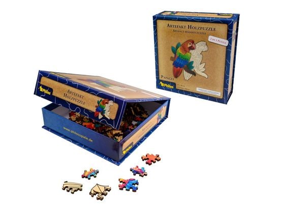 Produktbild: Artefakt Holzpuzzle 2 in 1 Papagei, 172 Teile, in magnetischer Klappschachtel