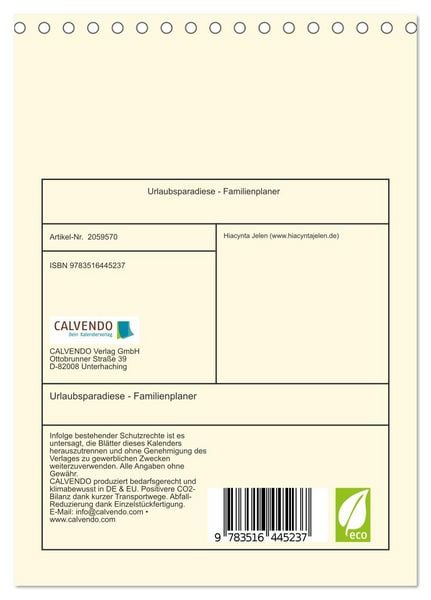 Produktbild: Urlaubsparadiese - Familienplaner (Tischkalender 2026 DIN A5 hoch), CALVENDO Monatskalender
