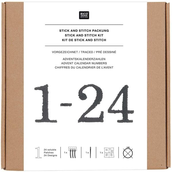 Produktbild: Stick & Stitch Packung Adventskalender Zahlen, schwarz, inkl. wasserl&ouml;slicher, bedruckter Stickvorlage