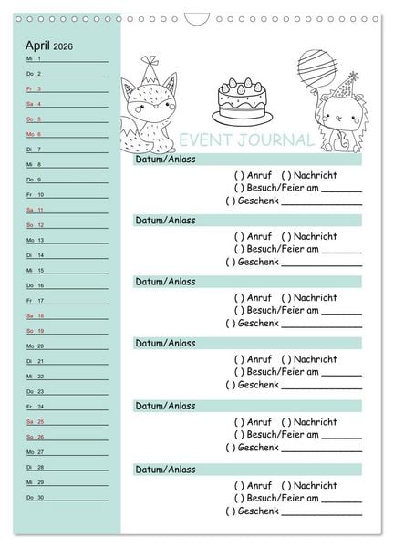 Produktbild: Geburtstagsplaner Doodle Tiere - F&uuml;r Termine, Geschenke, Eventdetails & mehr (Wandkalender 2026 DIN A3 hoch), CALVENDO Monatskalender