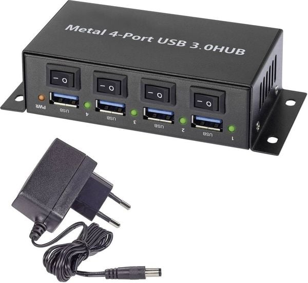 Renkforce RF-3955362 4 Port USB 3.2 Gen 1-Hub (USB 3.0) Metallgehäuse, einzeln schaltbar, zur Wandmontage Schwarz