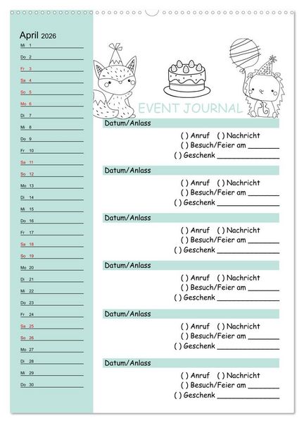 Produktbild: Geburtstagsplaner Doodle Tiere - F&uuml;r Termine, Geschenke, Eventdetails & mehr (Wandkalender 2026 DIN A2 hoch), CALVENDO Monatskalender