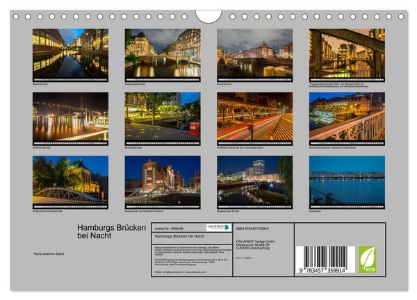 Produktbild: Hamburgs Br&uuml;cken bei Nacht (Wandkalender 2026 DIN A4 quer), CALVENDO Monatskalender