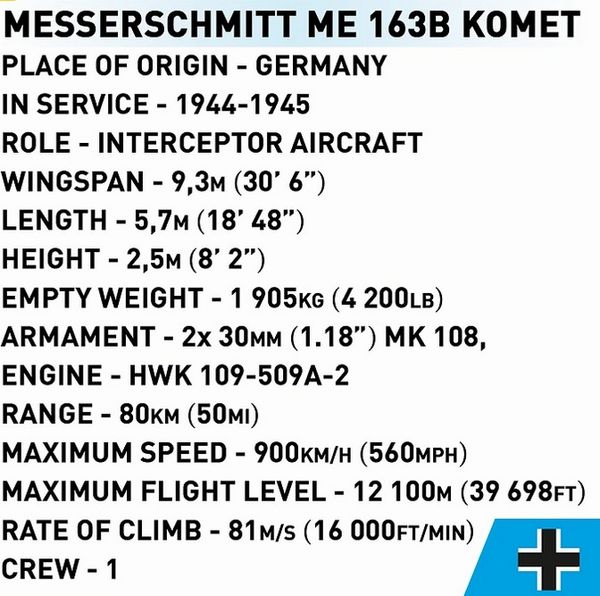 Produktbild: COBI Historical Collection 5766 - Messerschmitt Me 163B Komet, WWII, Bausatz 1:32, 543 Teile+1 Figur