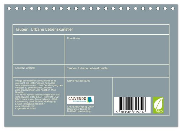 Produktbild: Tauben. Urbane Lebensk&uuml;nstler (Tischkalender 2027 DIN A5 quer), CALVENDO Monatskalender