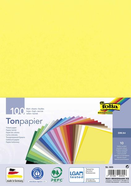 Folia  Tonpapier 130g/m², DIN A4, 100 Blatt, farbig sortiert