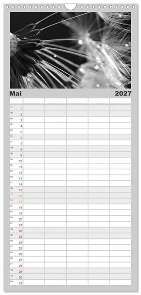 Produktbild: Familienplaner 2027 - Pusteblume - Impressionen in schwarzwei&szlig; mit 5 Spalten (Wandkalender, 21 x 45 cm) CALVENDO