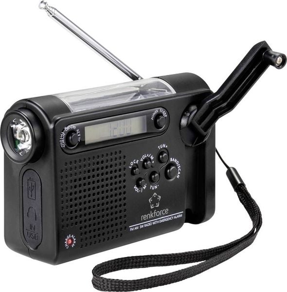 Produktbild: Renkforce RF-CR-200 Kofferradio UKW, MW, KW Notfallradio wiederaufladbar, Solarpanel, Handkurbel, Weckfunktion, Taschenlampe Schwarz