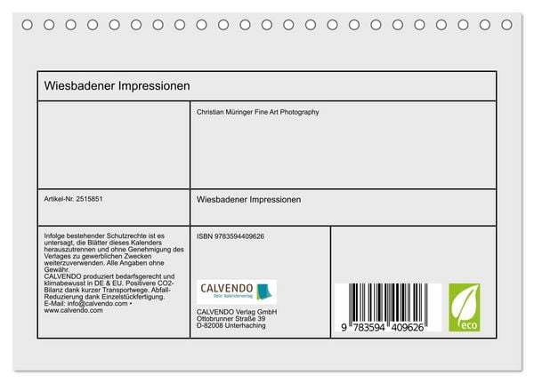 Produktbild: Wiesbadener Impressionen (Tischkalender 2027 DIN A5 quer), CALVENDO Monatskalender