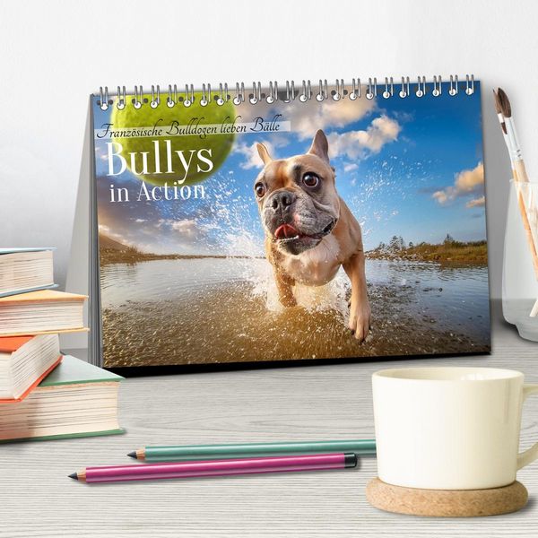 Produktbild: Bullys in Action - Franz&ouml;sische Bulldoggen lieben B&auml;lle (Tischkalender 2026 DIN A5 quer), CALVENDO Monatskalender
