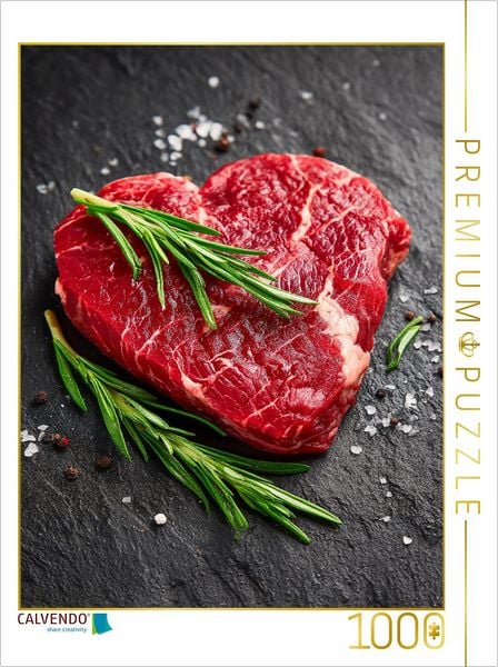 CALVENDO Puzzle Herzförmiges Steak aus Rindfleisch mit frischem Rosmarin | 1000 Teile Lege-Größe 64x48cm Foto-Puzzle für glückliche Stunden