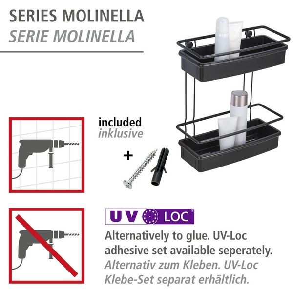 Produktbild: Wandregal Mod. Molinella 2 Etagen Schwarz, extra tiefe K&ouml;rbe f&uuml;r Shampoo- und Duschgelflaschen