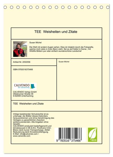 Produktbild: TEE Weisheiten und Zitate (Tischkalender 2026 DIN A5 hoch), CALVENDO Monatskalender
