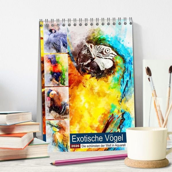 Produktbild: Exotische V&ouml;gel - Die Sch&ouml;nsten der Welt in Aquarell (Tischkalender 2026 DIN A5 hoch), CALVENDO Monatskalender