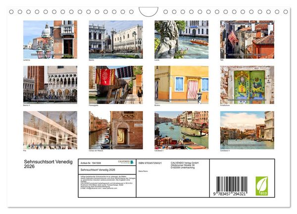 Produktbild: Sehnsuchtsort Venedig 2026 (Wandkalender 2026 DIN A4 quer), CALVENDO Monatskalender