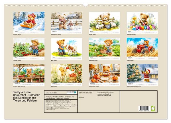 Produktbild: Teddy auf dem Bauernhof - Entdecke das Landleben mit Tieren und Feldern (Wandkalender 2026 DIN A2 quer), CALVENDO Monatskalender