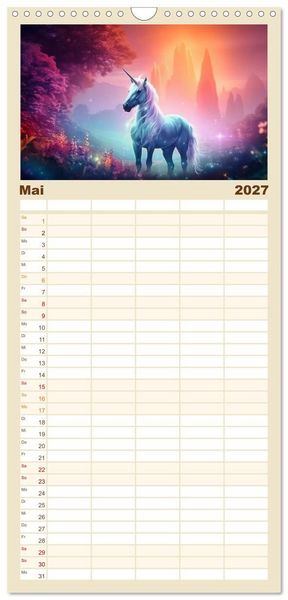 Produktbild: Familienplaner 2027 - Magische Momente im Land der Einh&ouml;rner mit 5 Spalten (Wandkalender, 21 x 45 cm) CALVENDO
