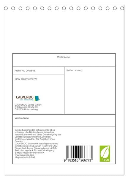 Produktbild: Wollm&auml;use (Tischkalender 2026 DIN A5 hoch), CALVENDO Monatskalender
