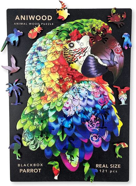 Produktbild: Aniwood J2314M - Animal Wood Puzzle, Blackbox Parrot M, Papagei, Holz-Puzzle, 121 Teile