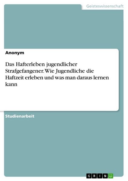 Produktbild: Das Hafterleben jugendlicher Strafgefangener. Wie Jugendliche die Haftzeit erleben und was man daraus lernen kann