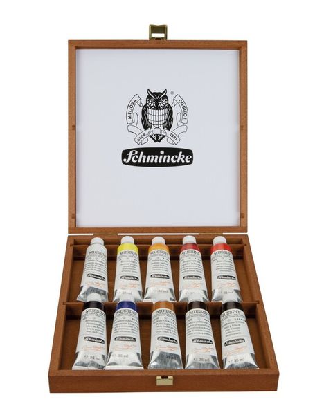 Produktbild: Schmincke Mussini &Ouml;lfarbe, Holzkasten, 10 x 35 ml Tuben