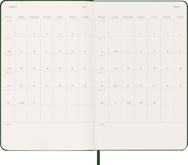 Produktbild: Moleskine 12 Monate Wochen Notizkalender 2027, Large/A5, 1 Wo = 1 Seite, rechts linierte Seite, Fester Einband, Myrtengr&uuml;n