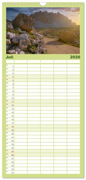 Produktbild: Familienplaner 2026 - Verzauberte Bergwelten mit 5 Spalten (Wandkalender, 21 x 45 cm) CALVENDO