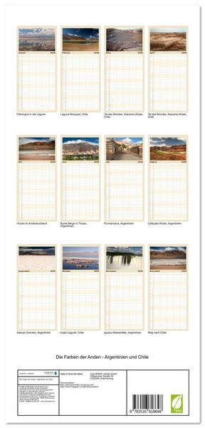 Produktbild: Familienplaner 2026 - Die Farben der Anden - Argentinien und Chile mit 5 Spalten (Wandkalender, 21 x 45 cm) CALVENDO