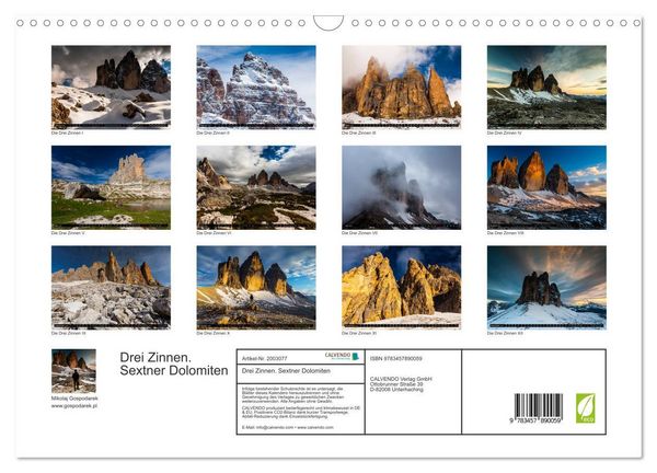 Produktbild: Drei Zinnen. Sextner Dolomiten (Wandkalender 2026 DIN A3 quer), CALVENDO Monatskalender