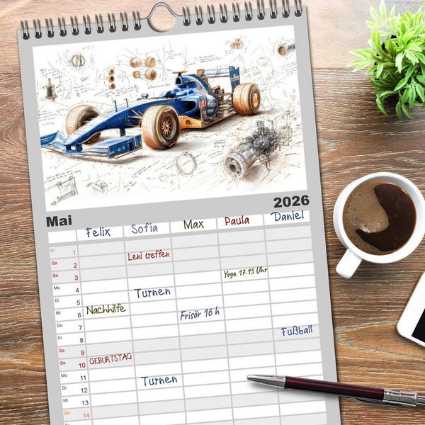 Produktbild: Familienplaner 2026 - Rennwagen - Design Studien mit 5 Spalten (Wandkalender, 21 x 45 cm) CALVENDO