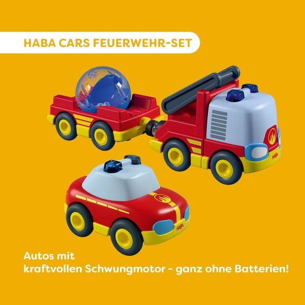 Produktbild: HABA 2013816001 - CARS Feuerwehr-Spielset mit 2 Autos, H&auml;nger und Wasser-Kugel