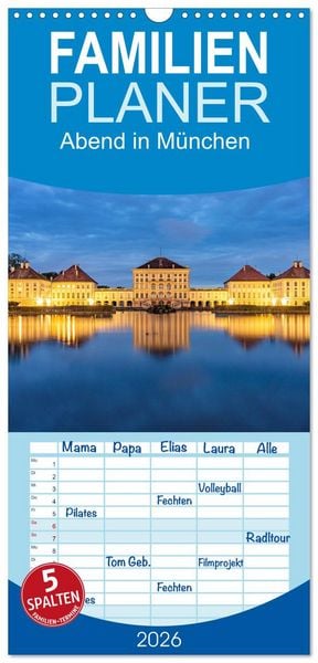 Produktbild: Familienplaner 2026 - Abend in M&uuml;nchen mit 5 Spalten (Wandkalender, 21 x 45 cm) CALVENDO