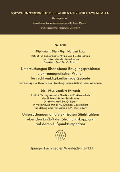 Produktbild: Untersuchungen &uuml;ber ebene Beugungsprobleme elektromagnetischer Wellen f&uuml;r rechtwinklig-keilf&ouml;rmige Gebiete. Untersuchungen an dielektrischen Stielstra