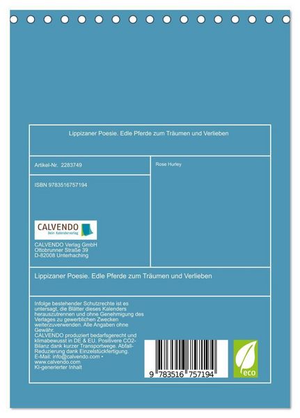 Produktbild: Lippizaner Poesie. Edle Pferde zum Tr&auml;umen und Verlieben (Tischkalender 2027 DIN A5 hoch), CALVENDO Monatskalender