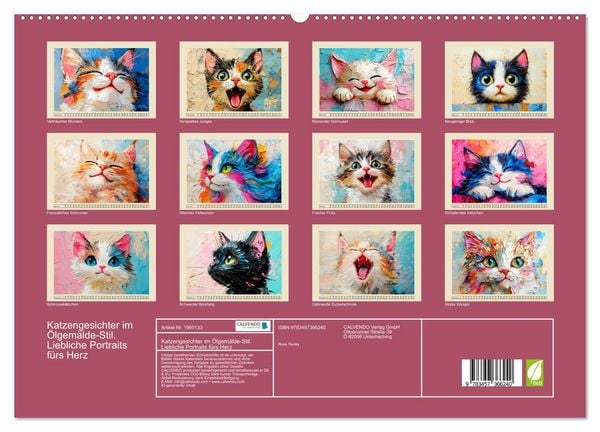 Produktbild: Katzengesichter im &Ouml;lgem&auml;lde-Stil. Liebliche Portraits f&uuml;rs Herz (hochwertiger Premium Wandkalender 2026 DIN A2 quer), Kunstdruck in Hochglanz