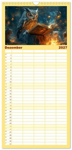Produktbild: Familienplaner 2027 - Eulen im Wald - Die geheimen Jobs und Aufgaben mit 5 Spalten (Wandkalender, 21 x 45 cm) CALVENDO